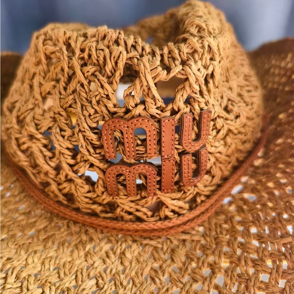 Miu Miu Beige Grass Woven Cowboy Hat OS 57cm Western Sun Hat Adjustable - Picture 5 of 7